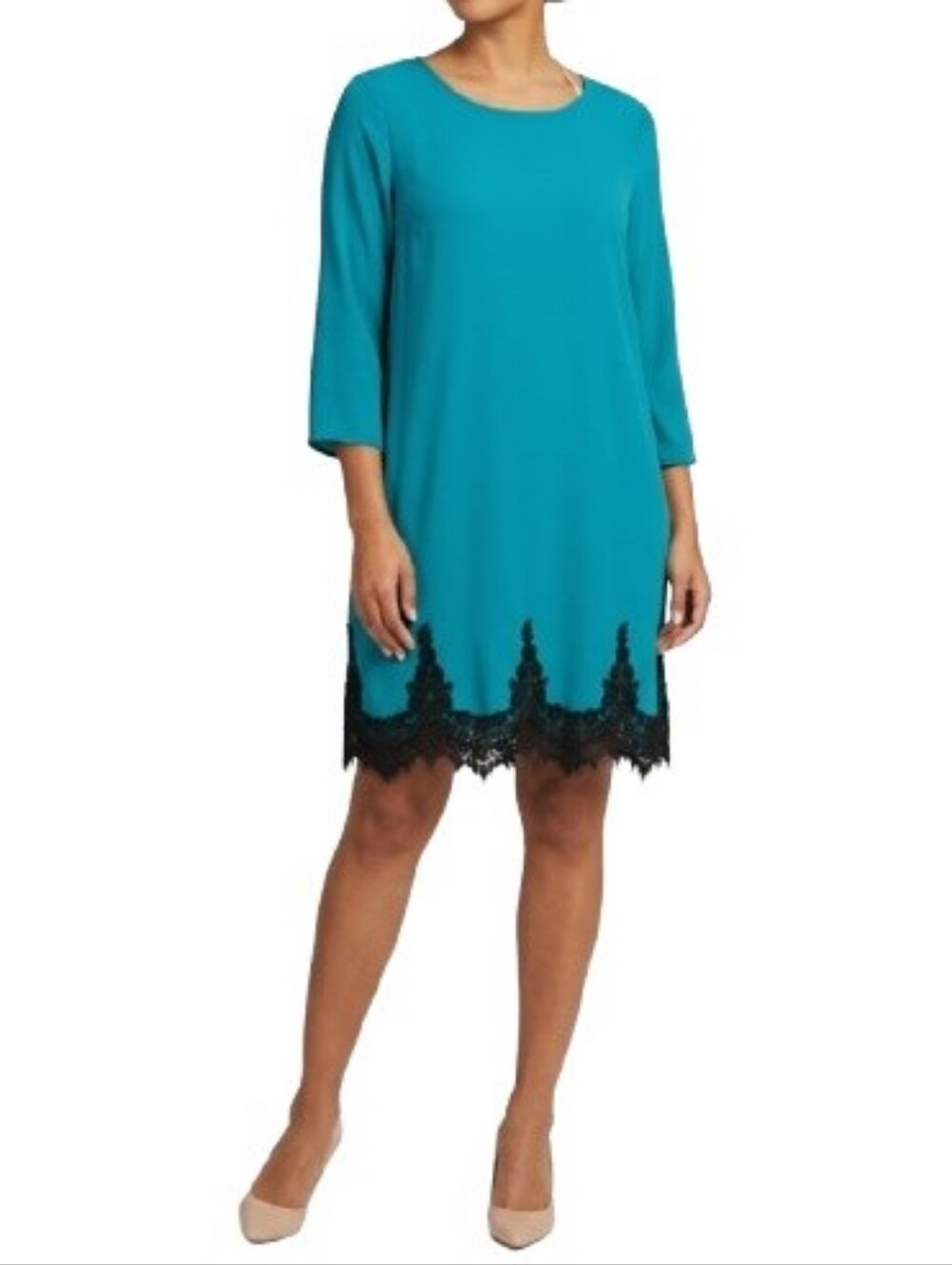 Kori America Teal Shift Dress Black Lace Trim Hem 3/4 Sleeves